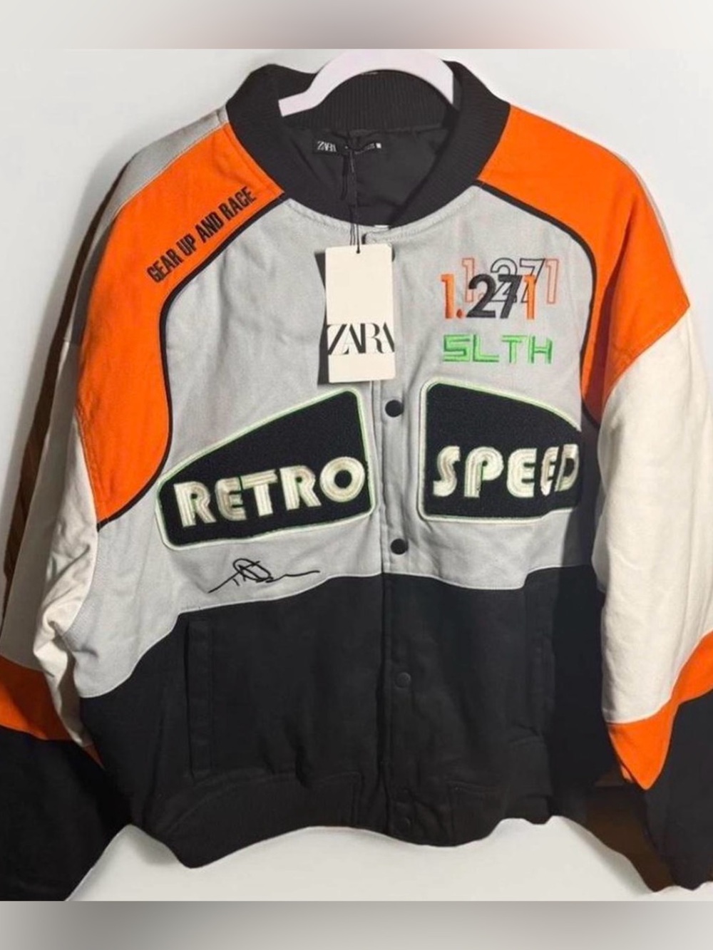 Zara Orange, Gray & Black Retro Speed Bomber Jacket
